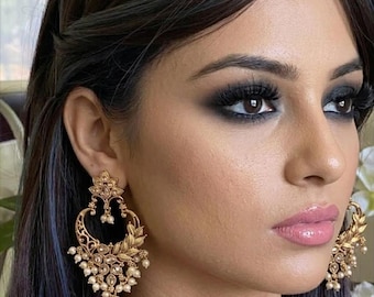 Kundan Pearl Drop Earrings,  Indian Temple Gold plated Jewelry
