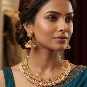 Gold Choker Necklace, Pearl Necklace, Indian Gold Necklace, Indian Choker, Guttapusalu Necklace, Temple jewelry, South Indian jewelry