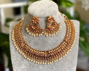 Gold Necklace, Temple Indian Necklace Jewelry, South Indian choker Necklace Set, Indian Necklace Set, Indian Choke, Guttapusalu Necklace