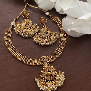 Gold Choker Necklace, Pearl Necklace, Indian Gold Necklace, Indian Choker, Guttapusalu Necklace, Temple jewelry, South Indian jewelry