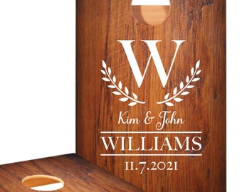2 Corn Hole Decal | Custom Wreath Wedding Sticker, Personalized Initial Name Est Date, Monogram Wrap, Rustic Decor, Bean Bag Toss Tailgate