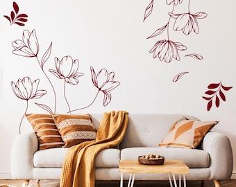 Floral Line Art Wandtattoo: Minimalistische Blumen Ecke Dekor