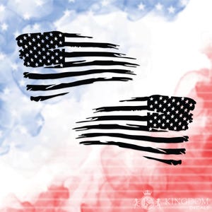 May include: Two black distressed American flag decals. Each flag features the stars and stripes design with a worn, distressed effect. The background has a watercolor effect with red, white, and blue colors.
