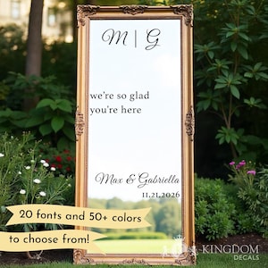 We’re So Glad You’re Here | Customizable Design Mirror Window Sign Names Decal, Welcome Sign, Wedding Decal, Welcome Wedding Mirror Sticker