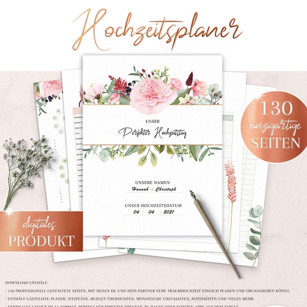 HOCHZEITSPLANER zum Ausdrucken •  Hochzeitsplanung DIY • Trauzeugin Planer Checkliste • DIN A4 • 130 Planer-Seiten zum Ausdrucken