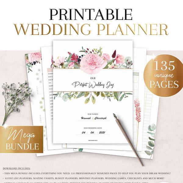 PRINTABLE Wedding Planner & Wedding Organizer • Wedding Checklist • 135 Pages
