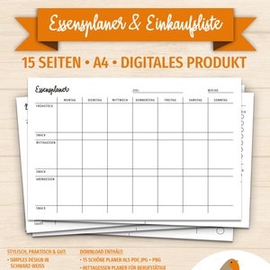 ESSENSPLANER mit EINKAUFSLISTE zum Ausdrucken | Wochenplaner Essen | Einkauf-Checkliste | Kochplanung