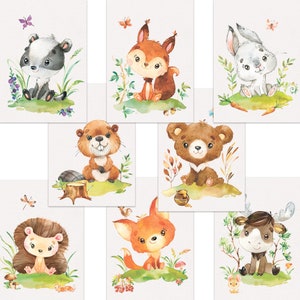 Juego de 8 carteles de animales del bosque para la habitación infantil I dulce decoración de la habitación del bebé con alces, castores, conejitos, tejones, etc. Yo sin marco I CreativeRobin