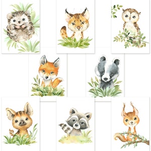 Set of 8 posters forest animals children&#39;s room I baby room decoration I squirrel, hedgehog, owl, lynx etc. with flora I WITHOUT frame I CreativeRobin