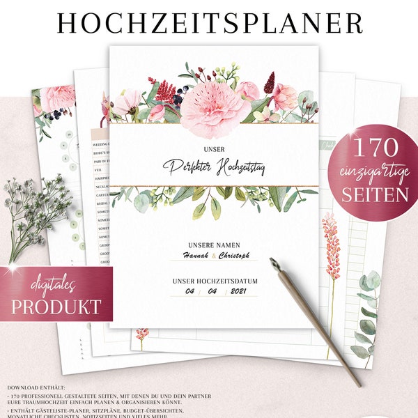 170 Seiten HOCHZEITSPLANER für eine entspanntere Hochzeitsplanung • DIN A4 Planer zum Ausdrucken