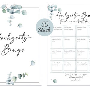 Hochzeitsbingo als Hochzeitsspiel für Brautpaar & Gäste im schönen Eukalyptus Design I 50 Blätter I CreativeRobin