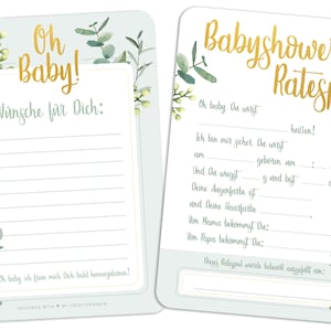 Hermoso juego de baby shower con cuestionario para bebés + deseos • 25 tarjetas para niños y niñas • Regalo ideal para baby shower • Eucalipto • CreativeRobin