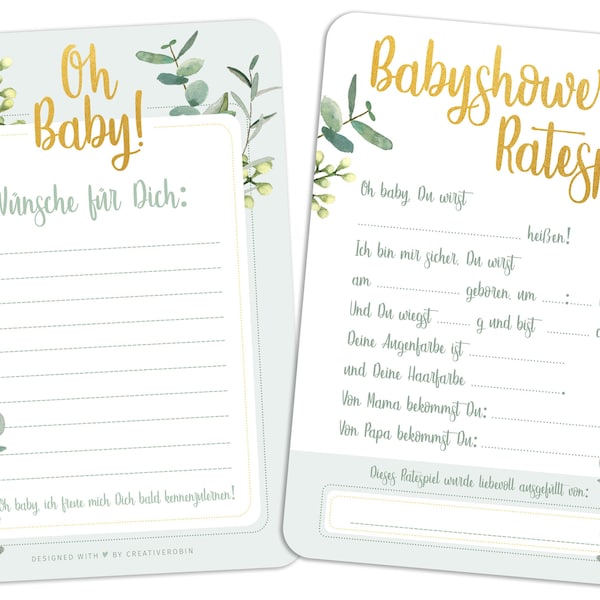 Nice baby shower game with baby quiz + wishes • 25 cards for boys & girls • Ideal baby shower gift • Eucalyptus • CreativeRobin