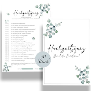 Hochzeitsquiz Braut oder Bräutigam | Er oder Sie | Hochzeitsspiel für Brautpaar & Gäste im Eukalyptus Design | A5 Format | CreativeRobin