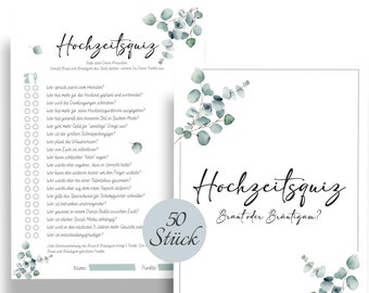 Wedding Quiz Bride or Groom | He or She | Wedding game for bridal couple & guests in eucalyptus design | A5 size | CreativeRobin