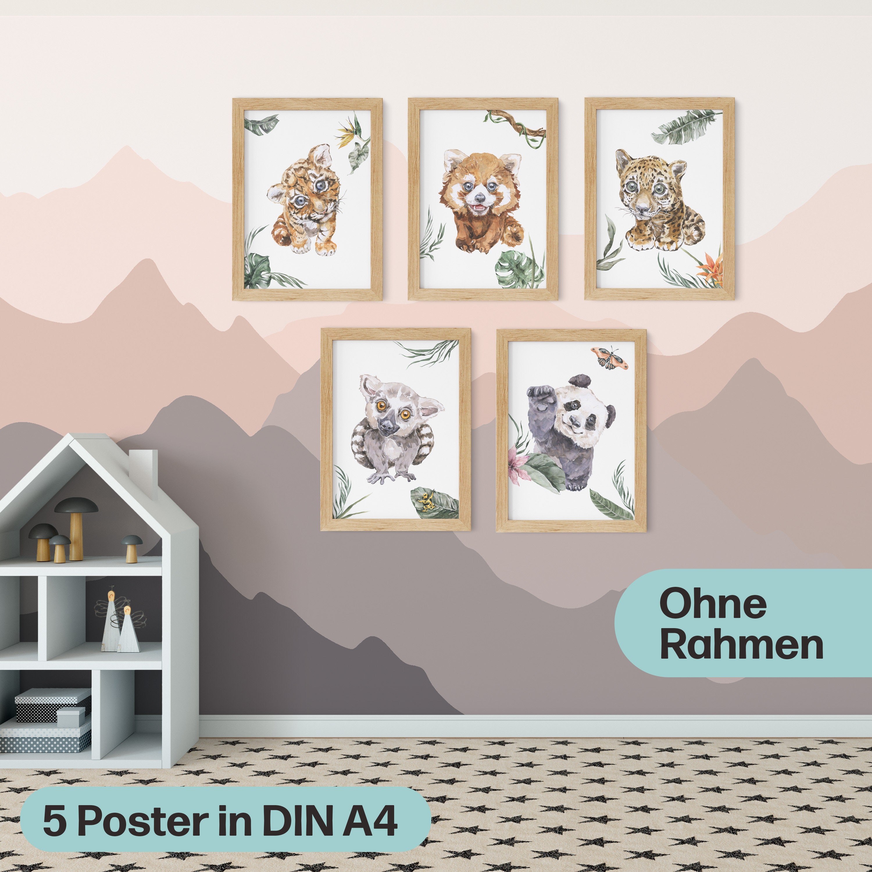 5er Dschungel-Tiere Poster-Set fürs Kinderzimmer I Süße