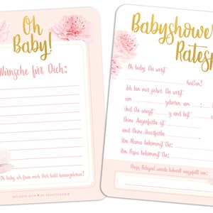 Hermoso juego de baby shower con cuestionario para bebés + deseos • 25 tarjetas para niñas • Regalo ideal para baby shower • Rosa y dorado • CreativeRobin