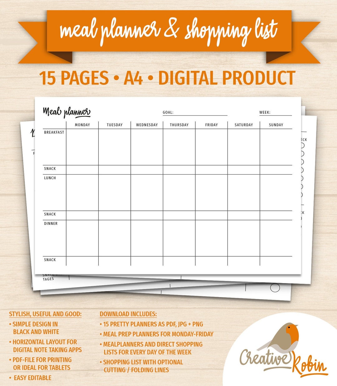 Meal Planner Food With Shopping Checklist PDF Meal - Etsy