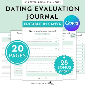 Könnte beinhalten: Ein druckbares Dating-Evaluierungsjournal mit 20 Seiten und 28 Bonusseiten. Das Journal soll Ihnen helfen, Ihre Kompatibilität mit einem potenziellen Partner zu bewerten. Das Journal ist in Canva bearbeitbar und hat das Format US Letter, 21,59 x 27,94 cm.