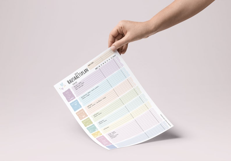 May include: A printable household chore planner with a pastel color scheme. The planner includes a checklist for daily, weekly, and monthly tasks. The text "HAUSHALTSPLAN" is at the top of the page.