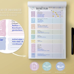 May include: A colorful household planner with a grid for scheduling tasks and a section for individual to-do lists. The planner has a light blue, pink, and green color scheme with a cute cactus illustration. The text "HAUSHALTSPLAN" is printed in black at the top of the planner.
