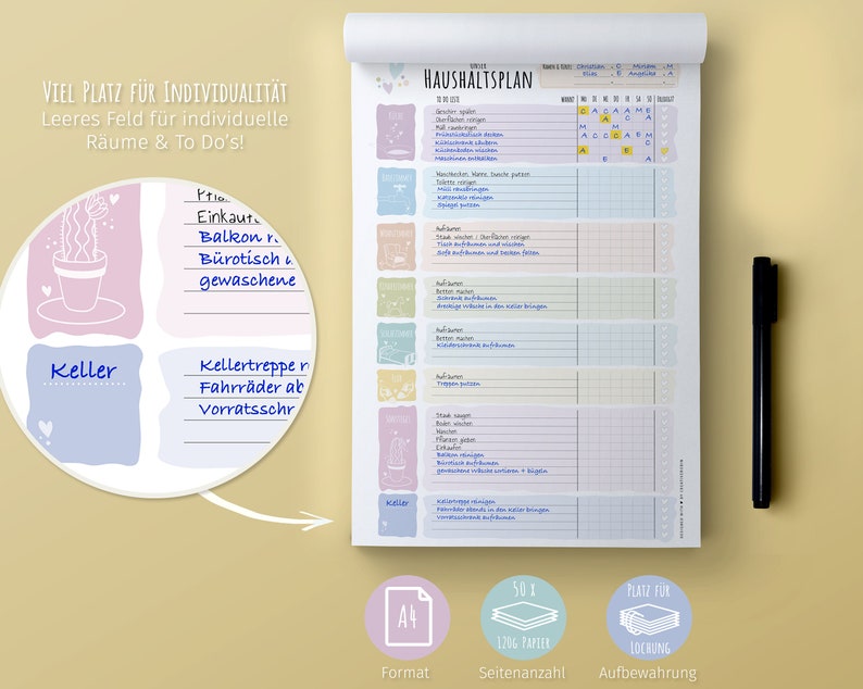 May include: A colorful household planner with a grid for scheduling tasks and a section for individual to-do lists. The planner has a light blue, pink, and green color scheme with a cute cactus illustration. The text "HAUSHALTSPLAN" is printed in black at the top of the planner.