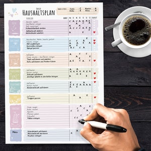 May include: A printable household chore chart with a colorful design. The chart includes a list of chores, such as dishes, laundry, and vacuuming, and a grid for assigning chores to different people. The chart is titled "Haushaltsplan" in German.