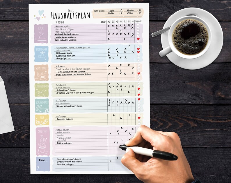 May include: A printable household chore chart with a colorful design. The chart includes a list of chores, such as dishes, laundry, and vacuuming, and a grid for assigning chores to different people. The chart is titled "Haushaltsplan" in German.