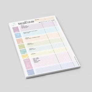 May include: A white checklist notepad with a colorful design. The notepad has a title that says "Weekly Haushaltsplan" and includes a list of household chores with checkboxes for each day of the week.