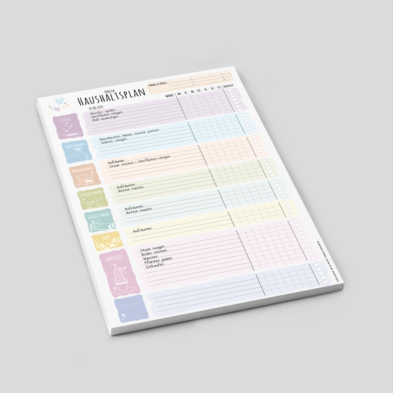 May include: A white checklist notepad with a colorful design. The notepad has a title that says "Weekly Haushaltsplan" and includes a list of household chores with checkboxes for each day of the week.