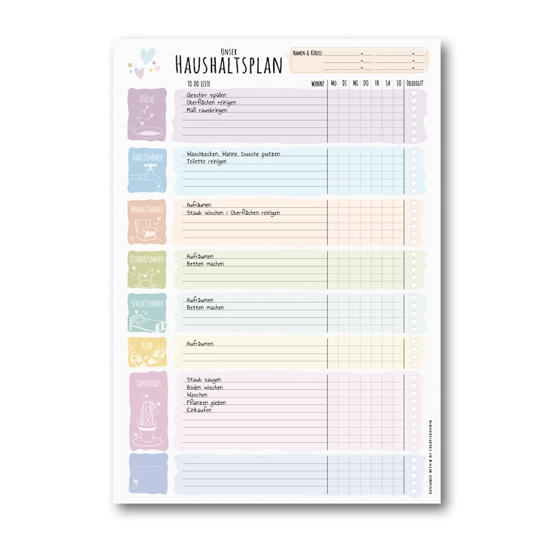 May include: A printable household chore chart with a colorful design. The chart includes a list of chores for each room of the house, such as the kitchen, bathroom, living room, bedroom, and a section for other chores. Each chore is listed with a check box for marking it off.