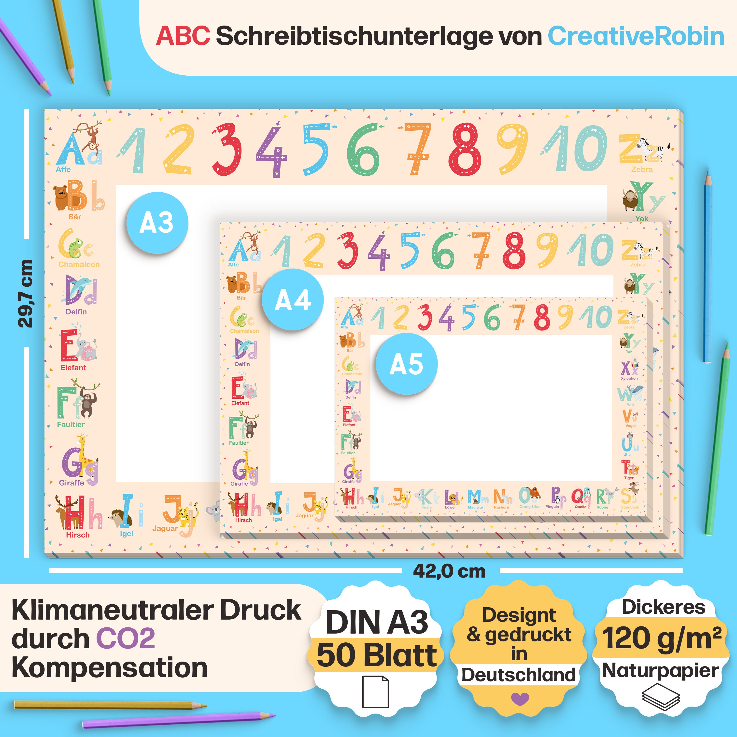 ABC Malunterlage Kinder | A3 Malblock | 50 Blatt | CreativeRobin