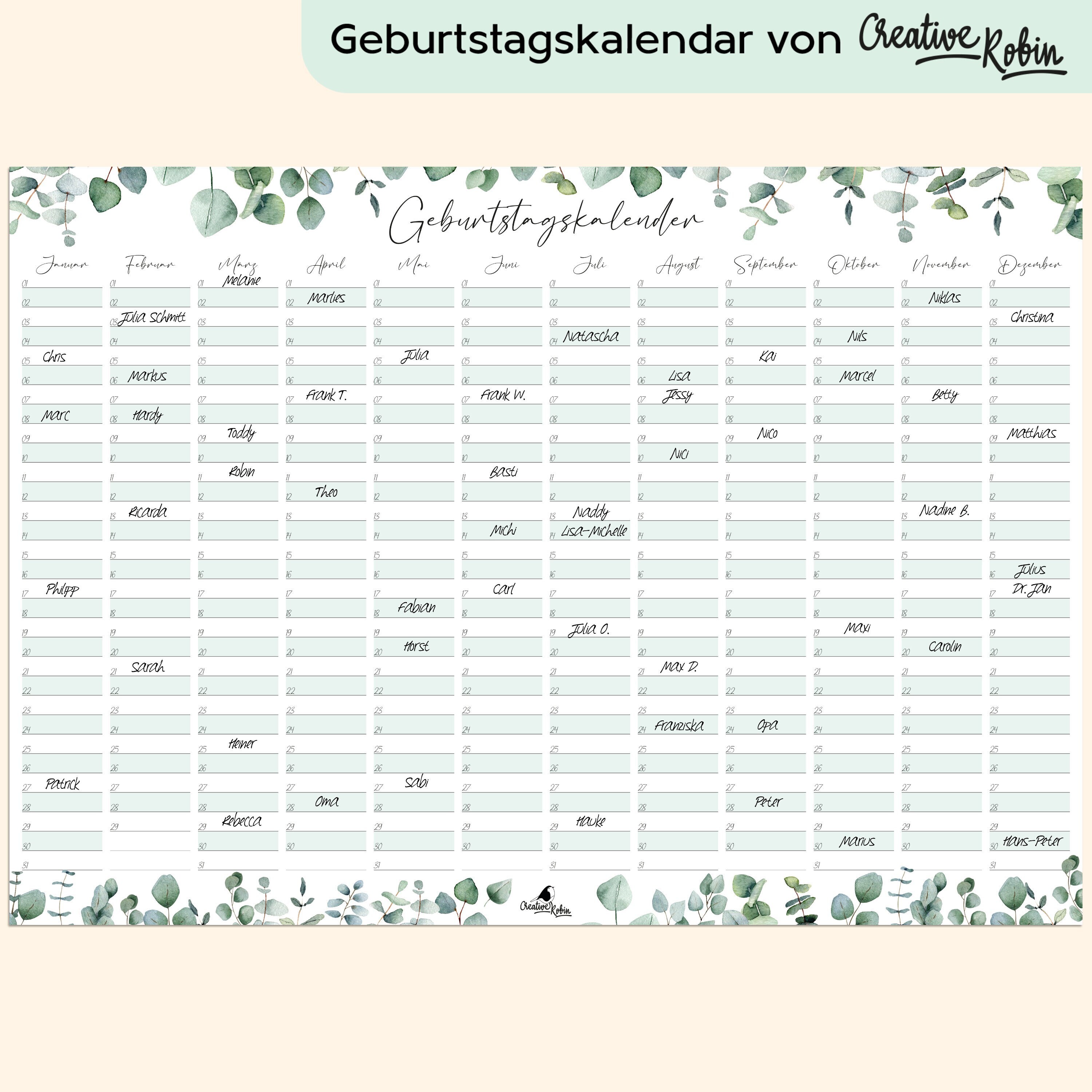 Geburtstagskalender immerwährend Eukalyptus I Jahresunabhängige...