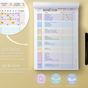 May include: A printable household chore chart with a colorful design. The chart includes a section for family members' names and initials, a weekly chore schedule, and a section for completed tasks. The chart is designed to help families stay organized and on track with their household chores.