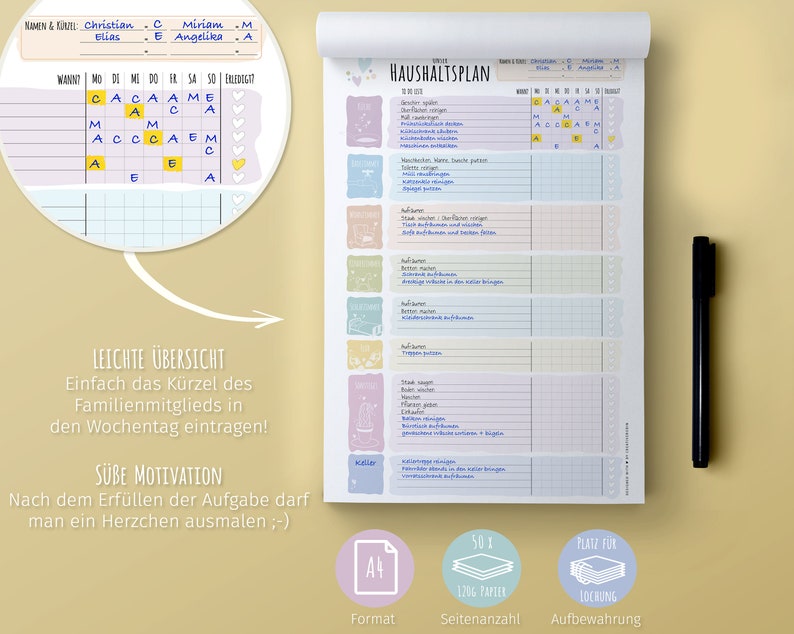 May include: A printable household chore chart with a colorful design. The chart includes a section for family members' names and initials, a weekly chore schedule, and a section for completed tasks. The chart is designed to help families stay organized and on track with their household chores.