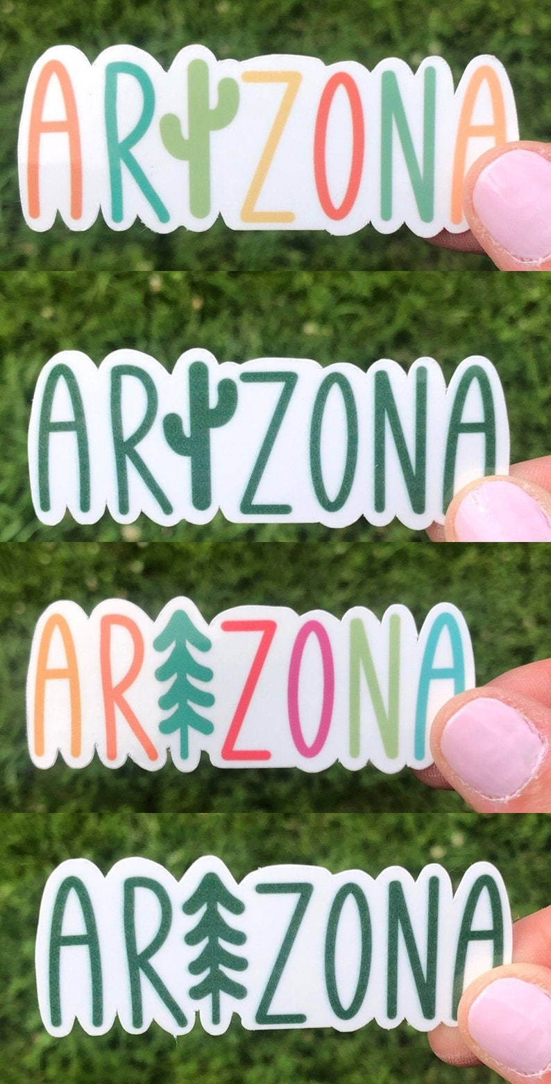 May include: Four stickers with the word "ARIZONA" in different colors and fonts. Each sticker features a different green plant design, including a cactus and a pine tree.