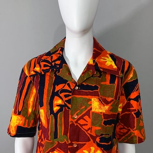 1960s &quot;Kona Kai Hawaiian Casuals Jantzen&quot; Orange Brown Mens Short Sleeve Shirt
