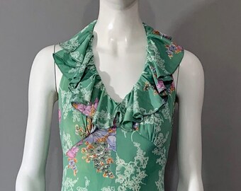 1970s Women's Floral Green Ruffle Halter Dress