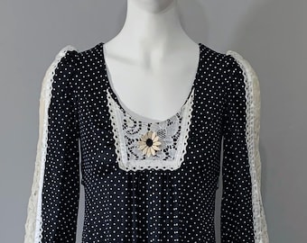 1970s Women's Black Polka Dot Prairie Dress with Lace Trimmings