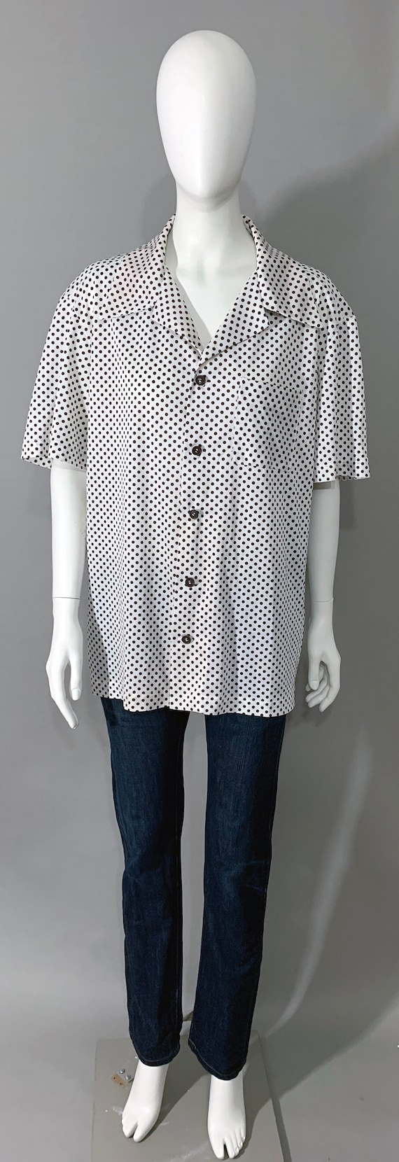 1970s Mens Short Sleeve White Brown Polka Dot - image 2