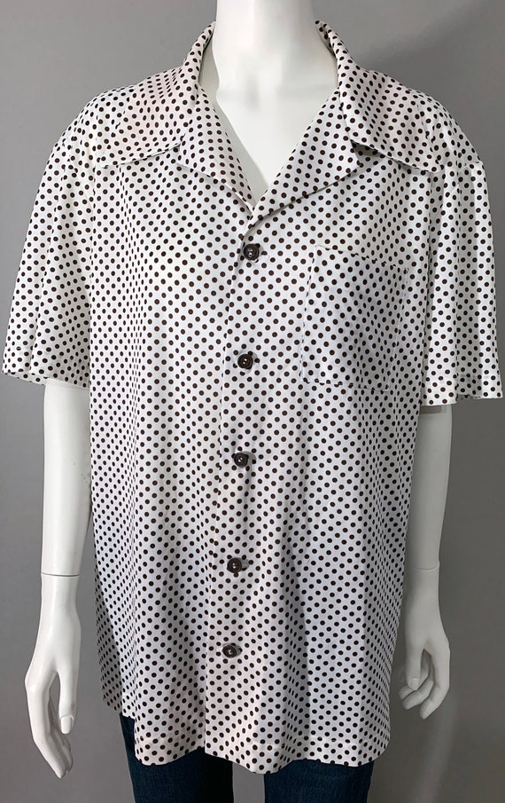 1970s Mens Short Sleeve White Brown Polka Dot - image 6