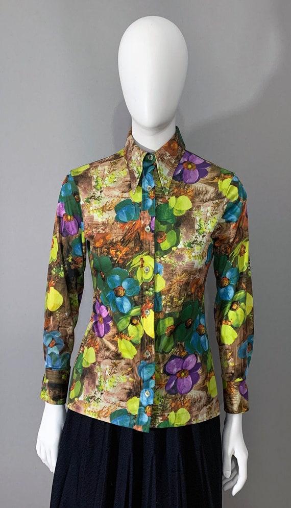 1970s Women's "BVD" Multicolor Floral Blouse - image 1