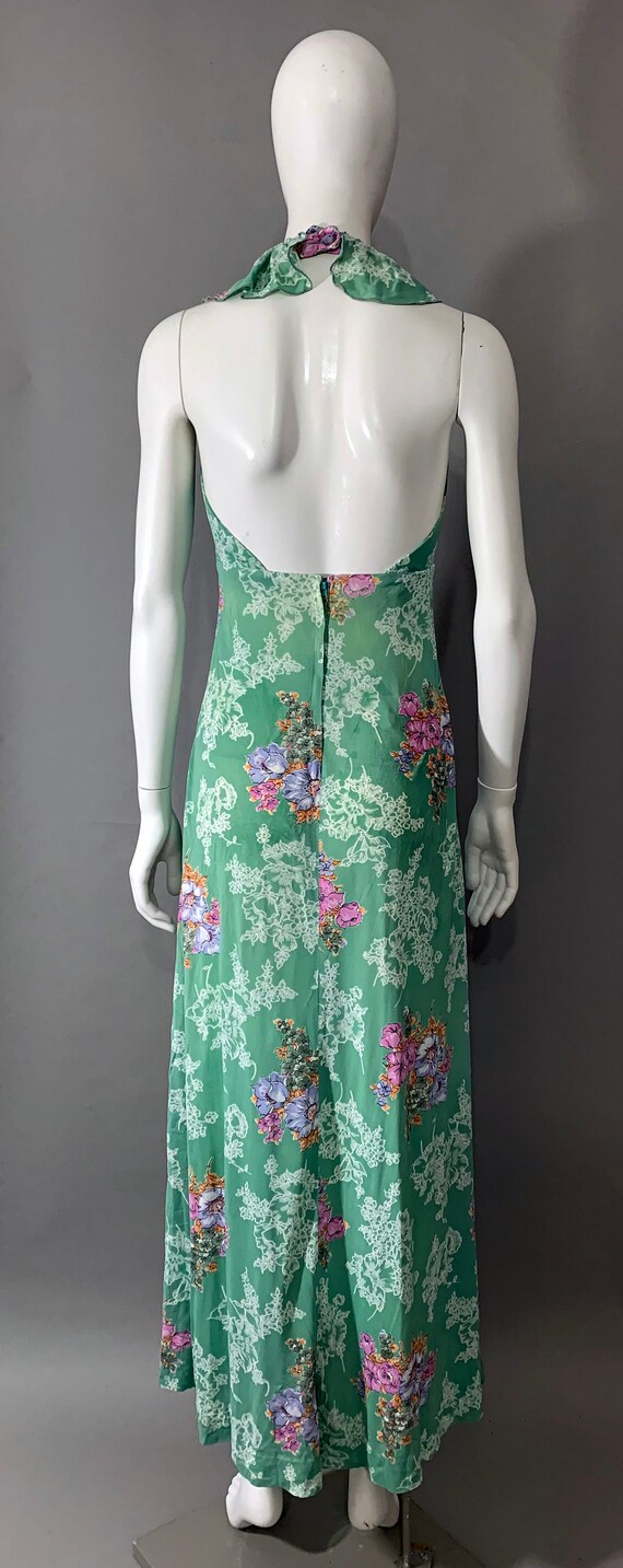 1970s Women's Floral Green Ruffle Halter Dress - image 2