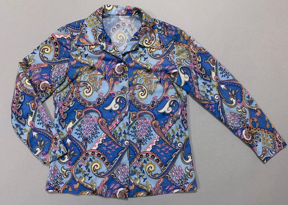 1970s Women's Blue Purple Multicolor Paisley Blou… - image 3