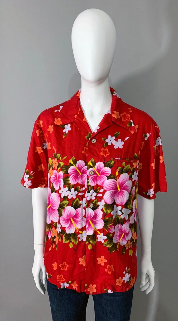 1960s "Ui-Makai Hawaii" Mens Short Sleeve Floral S