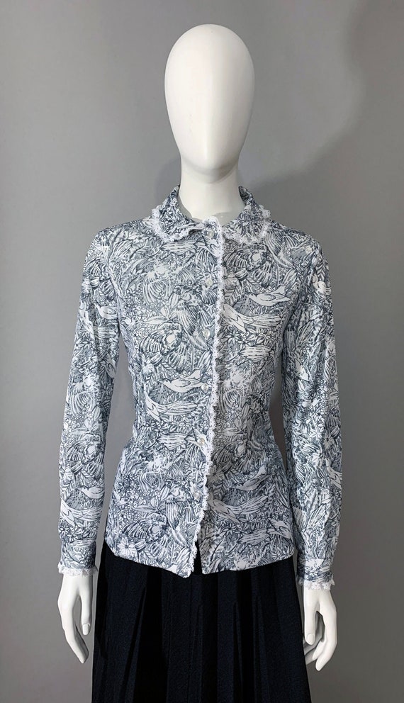 1970s Women's Black & White Bird Print Blouse with
