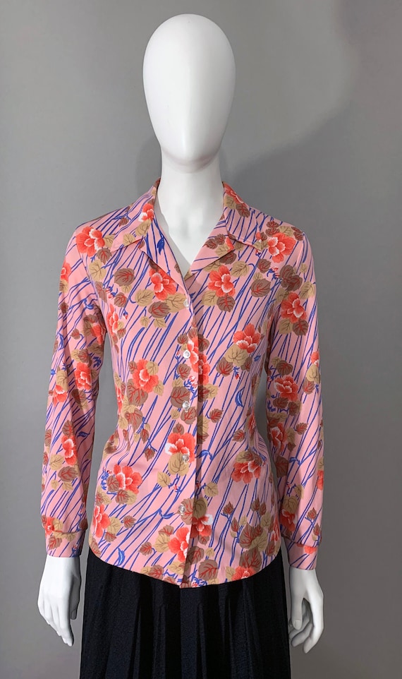 1970s Women's Pink Floral Blouse