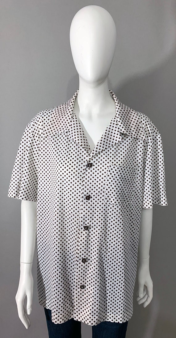 1970s Mens Short Sleeve White Brown Polka Dot - image 1