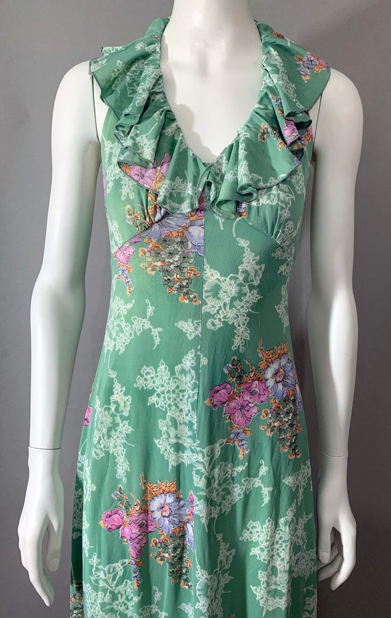 1970s Women's Floral Green Ruffle Halter Dress - image 6