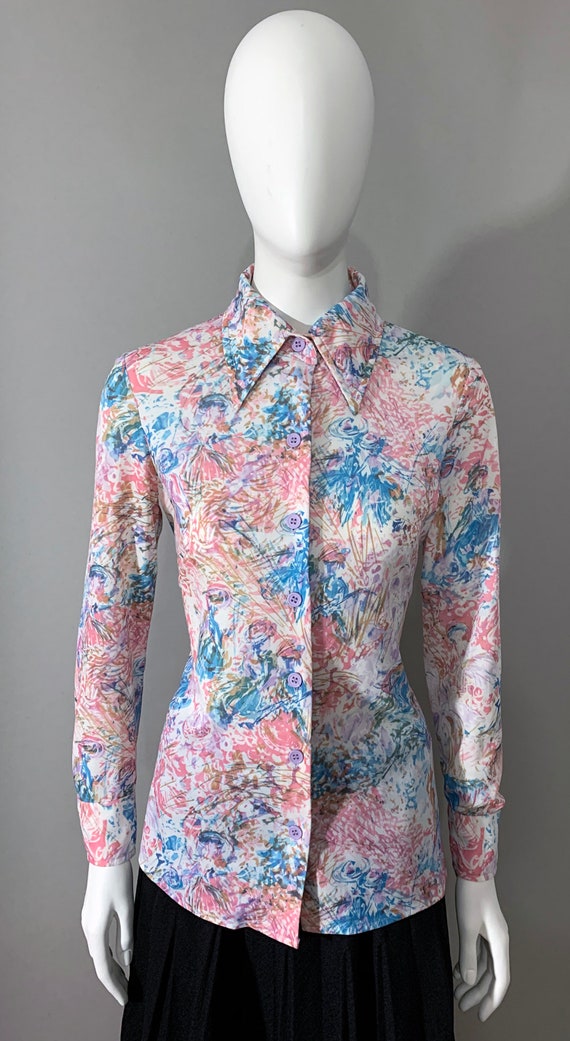 1970s Women's Impressionist Abstract Print Blouse